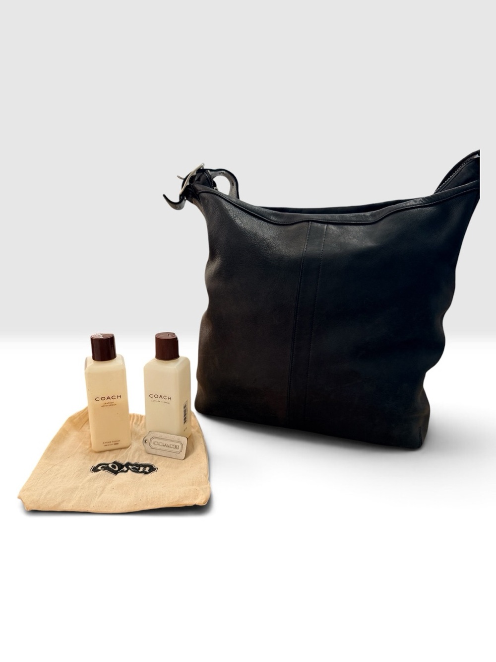 Coach Black Leather Messenger Bag with Care Kit